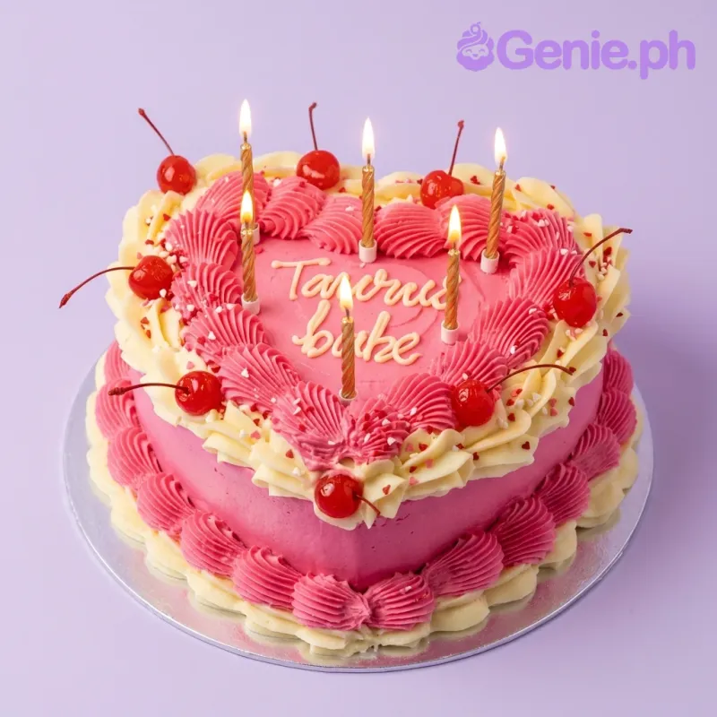 A pink and white heart-shaped cake, Vintage Heart themed, with lit candles, piped ruffles, red cherries, and 'Taurus babe' text. A pink and white heart-shaped cake, Vintage Heart themed, with lit candles, piped ruffles, red cherries, and 'Taurus babe' text.