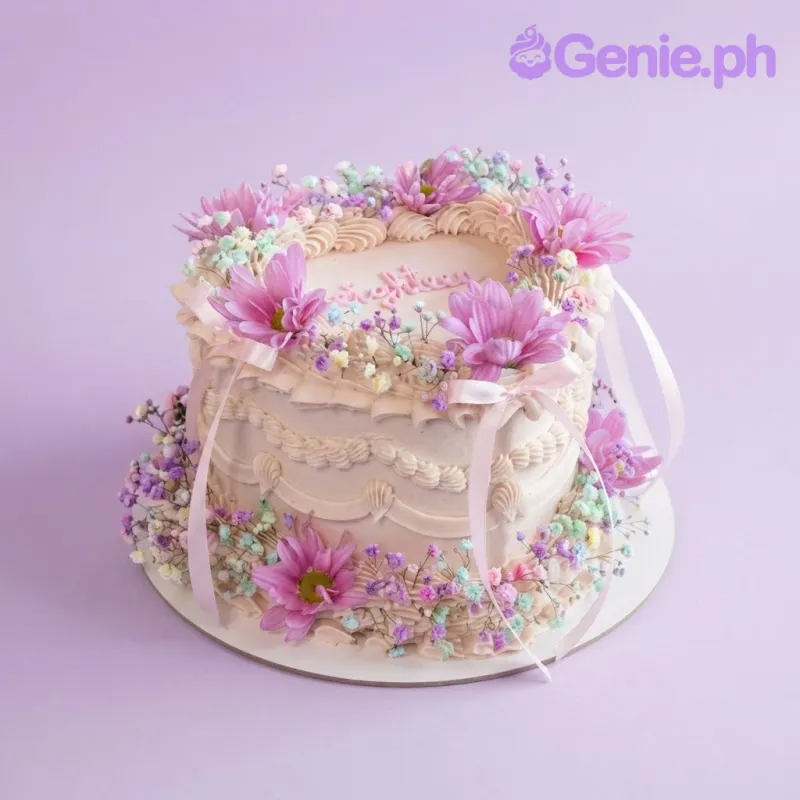 Pink heart cake with smooth soft icing, pink daisy flowers, and piped pink shell borders