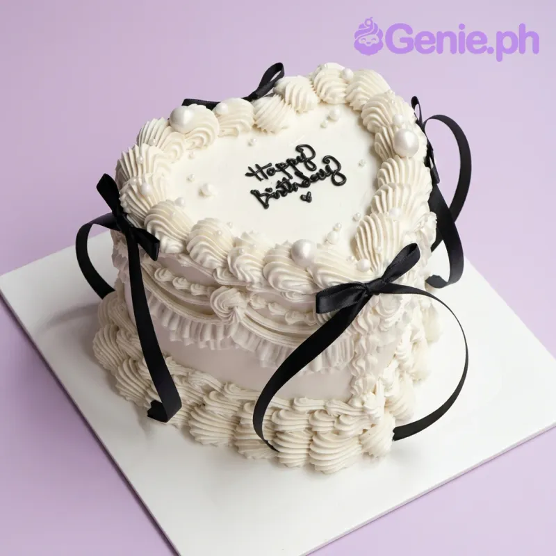 A white 1 Tier Vintage Heart cake with black accents, featuring 'Happy Birthday' text, satin bows, icing ruffles, and white pearls. A white 1 Tier Vintage Heart cake with black accents, featuring 'Happy Birthday' text, satin bows, icing ruffles, and white pearls.
