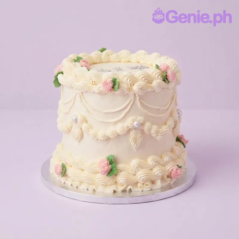 Ivory 1-tier vintage Lambeth cake with smooth soft icing, intricate piped swags, pink rosettes, and green leaf accents