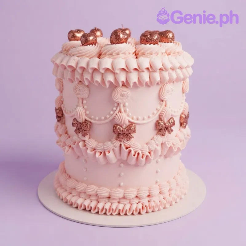 Light pink 1-tier fondant vintage Lambeth cake with piped ruffles, rose gold bows, and molded cherries