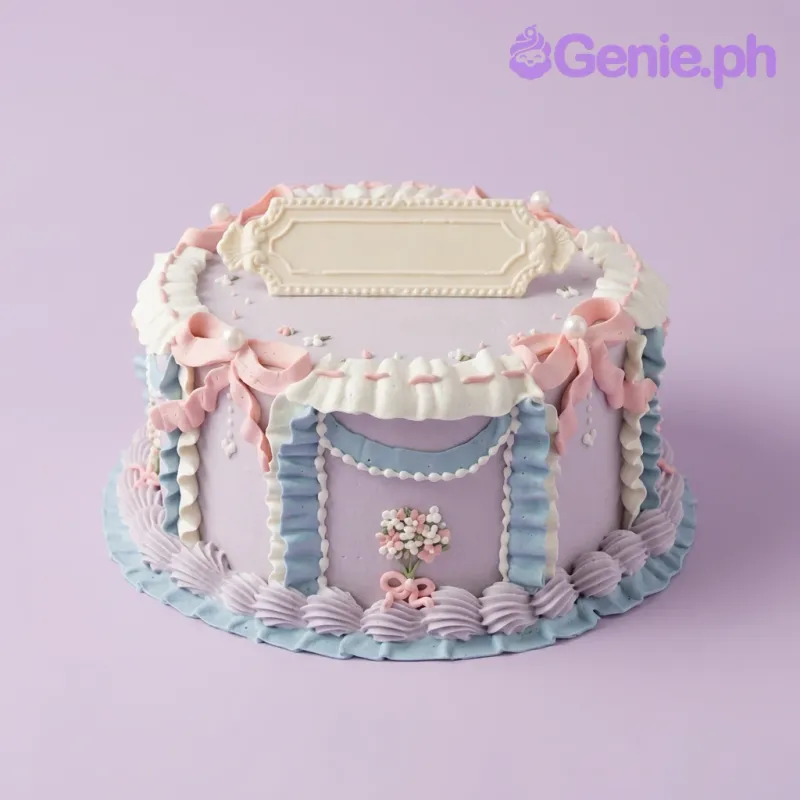A lavender 1-tier cake themed Vintage Lavender, featuring white and blue ruffles, pink bows, and a central rectangular plaque.