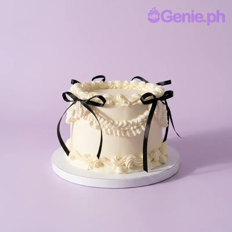 A cream-colored and black 1-Tier Vintage Minimalist cake, featuring six black satin bows, piped ruffles, and a shell border.