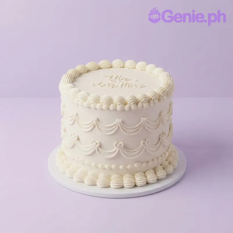Ivory 1-tier cake with smooth soft icing, intricate piped vintage swags, and delicate shell borders Ivory 1-tier cake with smooth soft icing, intricate piped vintage swags, and delicate shell borders