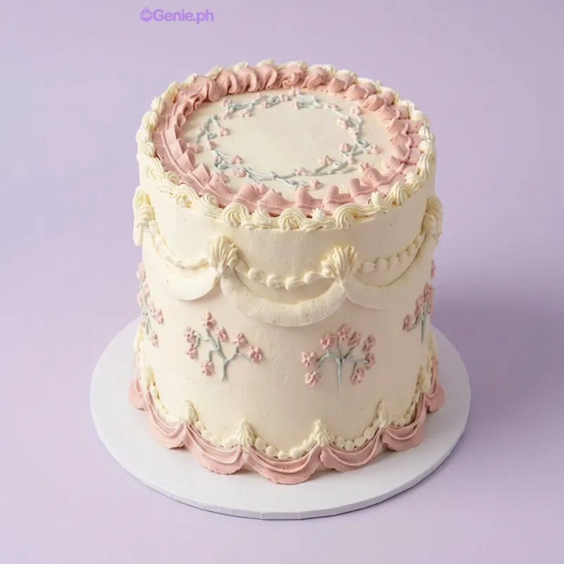 Ivory 1-tier cake with soft icing, intricate pink piped swags, and delicate floral icing doodles