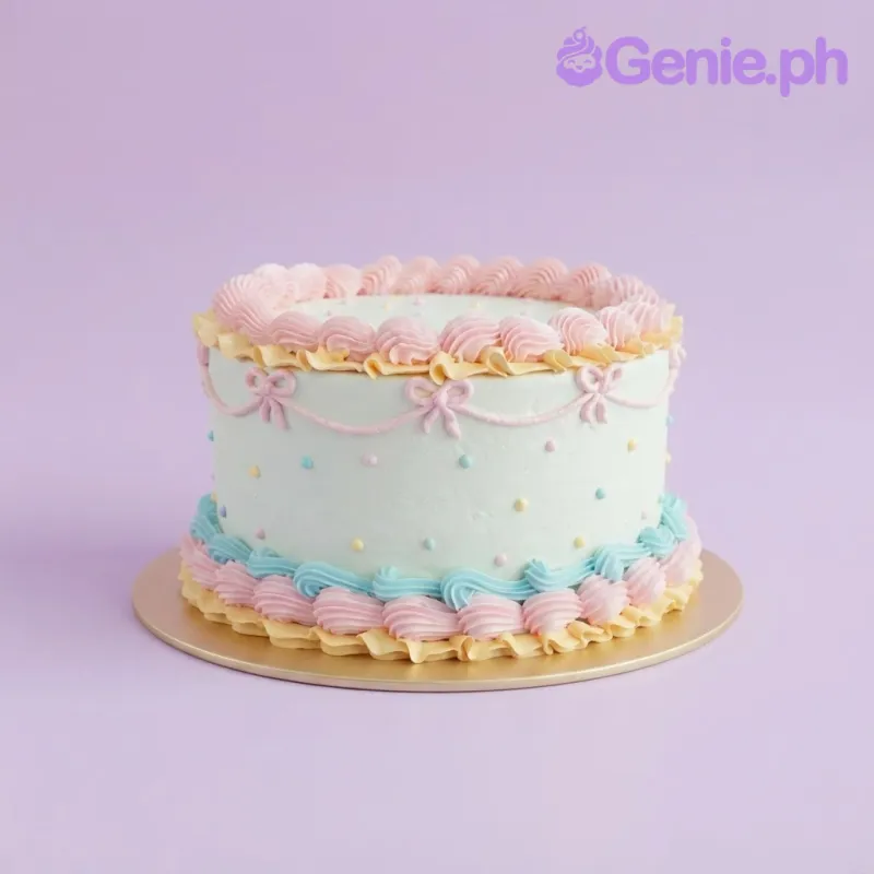 Ivory single tier cake with smooth soft icing, vintage pastel theme, and piped pink shell and yellow ruffle borders