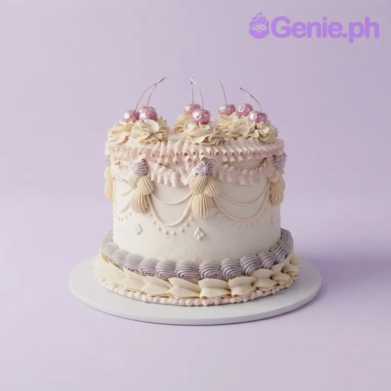 Peach 2-tier cake with soft icing, vintage pastel piped rosettes, cream rosettes, and pink cherries