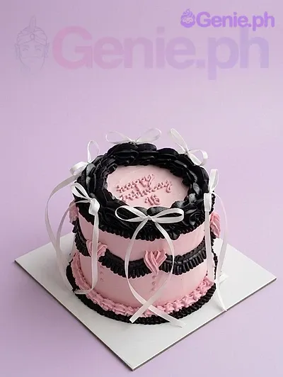 A pink, black, and white 1-tier vintage cake, featuring 'Happy Birthday 18' text, white satin bows, and piped ruffles with hearts. A pink, black, and white 1-tier vintage cake, featuring 'Happy Birthday 18' text, white satin bows, and piped ruffles with hearts.
