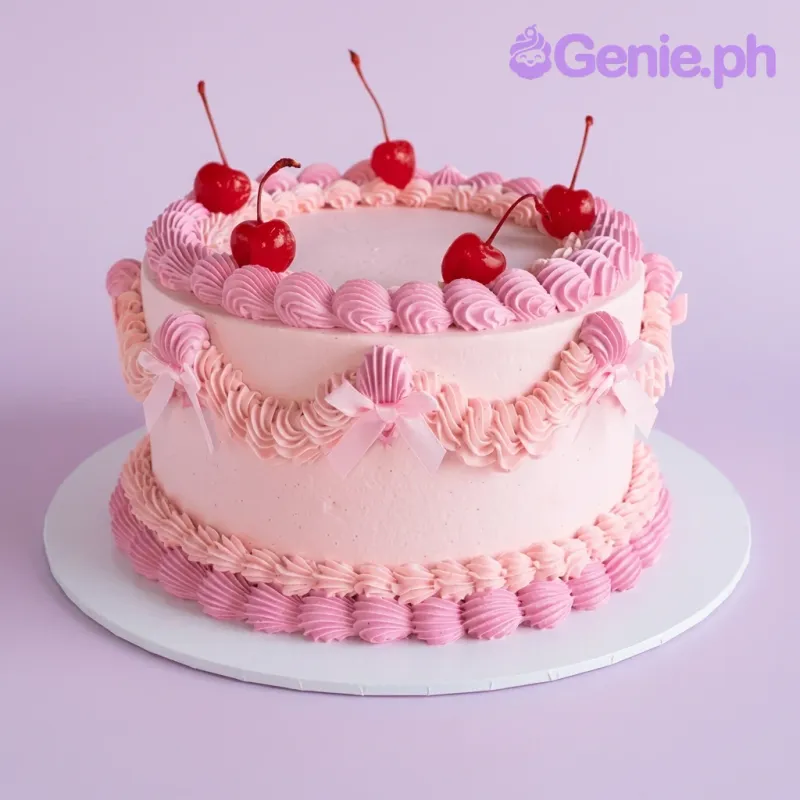 A pink 1-tier Vintage Pink Cherry cake with intricate icing ruffles, pink bows, and fresh red cherries.