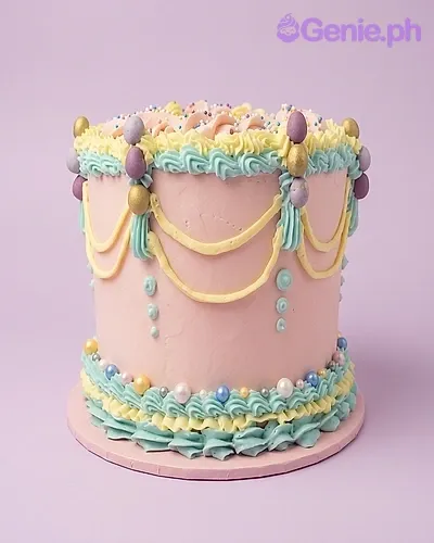 A pink 1-tier cake themed Vintage Pink, featuring mint and yellow piped ruffles, draped yellow icing swags, and colorful edible pearls. A pink 1-tier cake themed Vintage Pink, featuring mint and yellow piped ruffles, draped yellow icing swags, and colorful edible pearls.