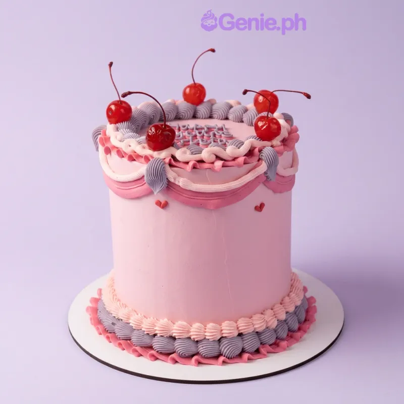 Vintage Pink cake design — 1 layer soft icing cake in pink — with cherries, piped lavender border, piped lavender border, piped hearts, and custom "Happy years oleta" message Vintage Pink cake design — 1 layer soft icing cake in pink — with cherries, piped lavender border, piped lavender border, piped hearts, and custom "Happy years oleta" message