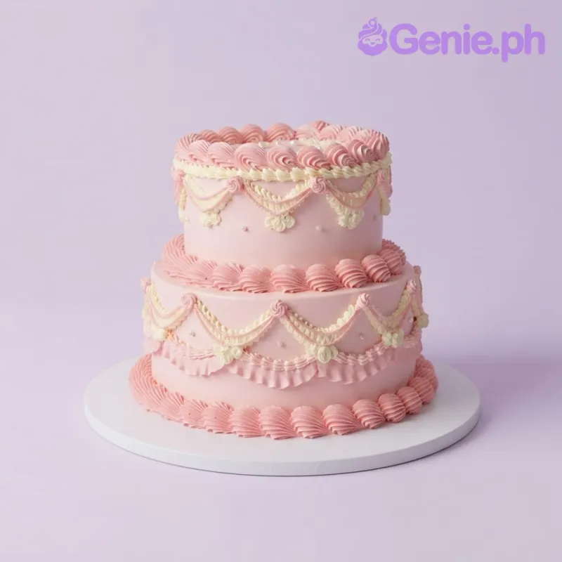 Pink 2-tier vintage lambeth cake with intricate cream and pink piped swags and shell borders