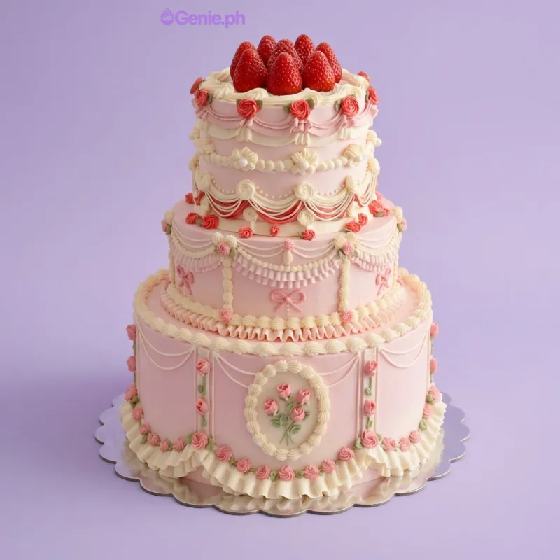 A 3-tier pink cake with soft icing, intricate piped swags, rosettes, and fresh strawberries on top. A 3-tier pink cake with soft icing, intricate piped swags, rosettes, and fresh strawberries on top.
