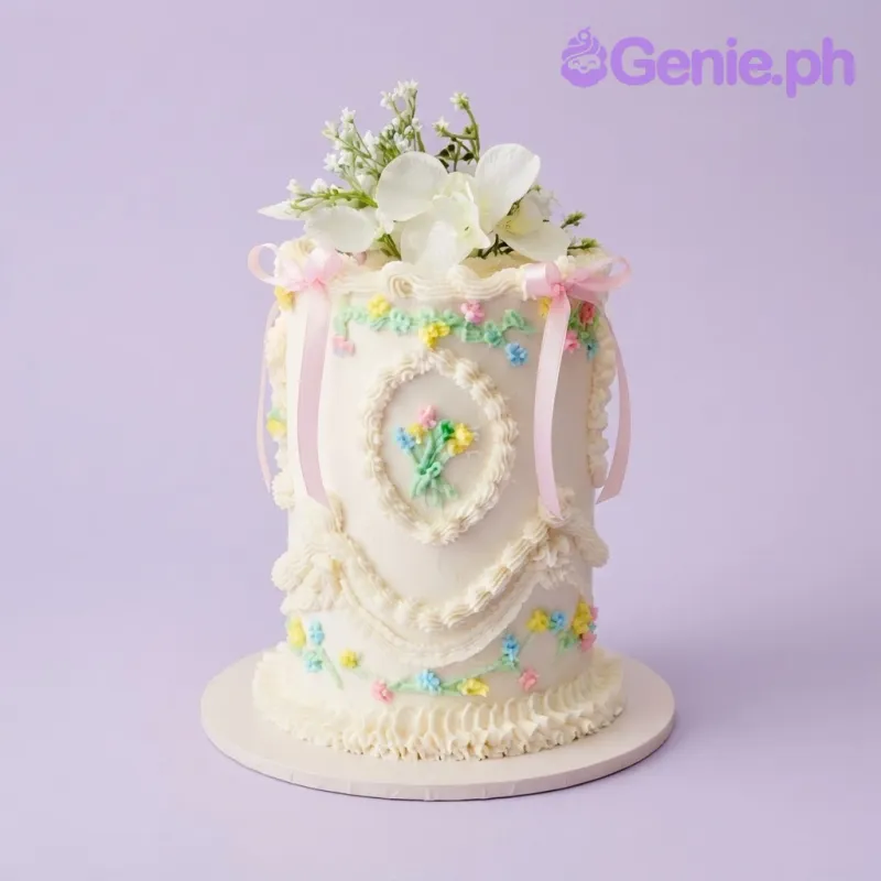 Ivory 1-tier round cake with soft icing, vintage piped floral pastel designs, and a white orchid cluster Ivory 1-tier round cake with soft icing, vintage piped floral pastel designs, and a white orchid cluster