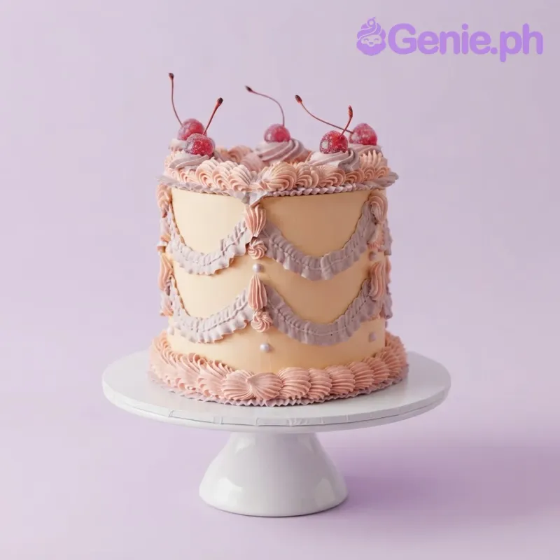Soft peach 1-tier cake with light pink icing, vintage piped swags, and glacé cherry toppings