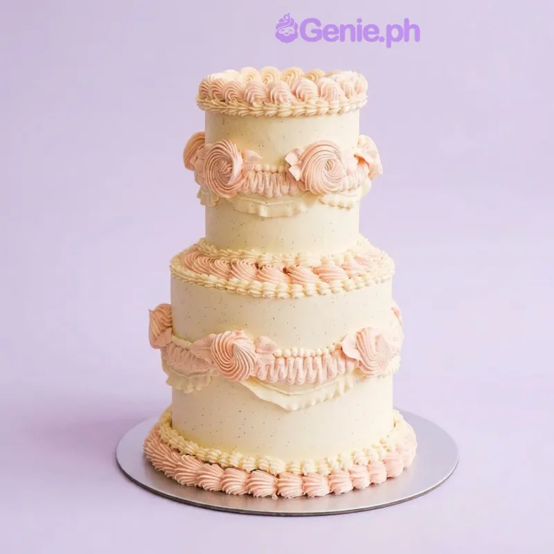 Ivory 3-tier cake with light pink piped rosettes and ruffles Ivory 3-tier cake with light pink piped rosettes and ruffles