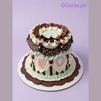 Mint green 1-tier cake with brown piped ruffles and pink heart decorations