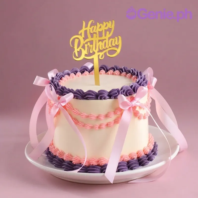 A white 1 Tier cake themed Vintage Ribbon, featuring a gold 'Happy Birthday' topper, piped borders, and satin ribbons. A white 1 Tier cake themed Vintage Ribbon, featuring a gold 'Happy Birthday' topper, piped borders, and satin ribbons.