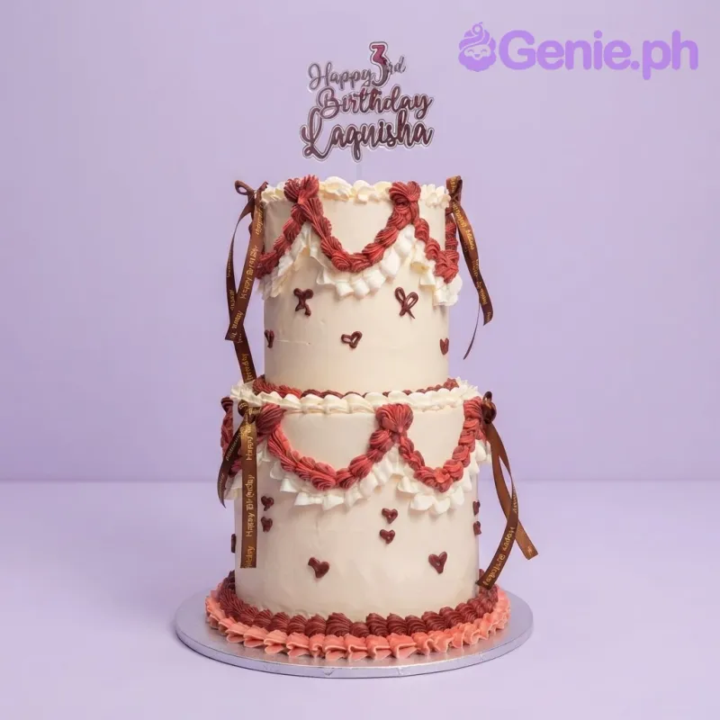 Ivory 2-tier birthday cake with soft icing, vintage ruffle theme, and piped brown rosettes