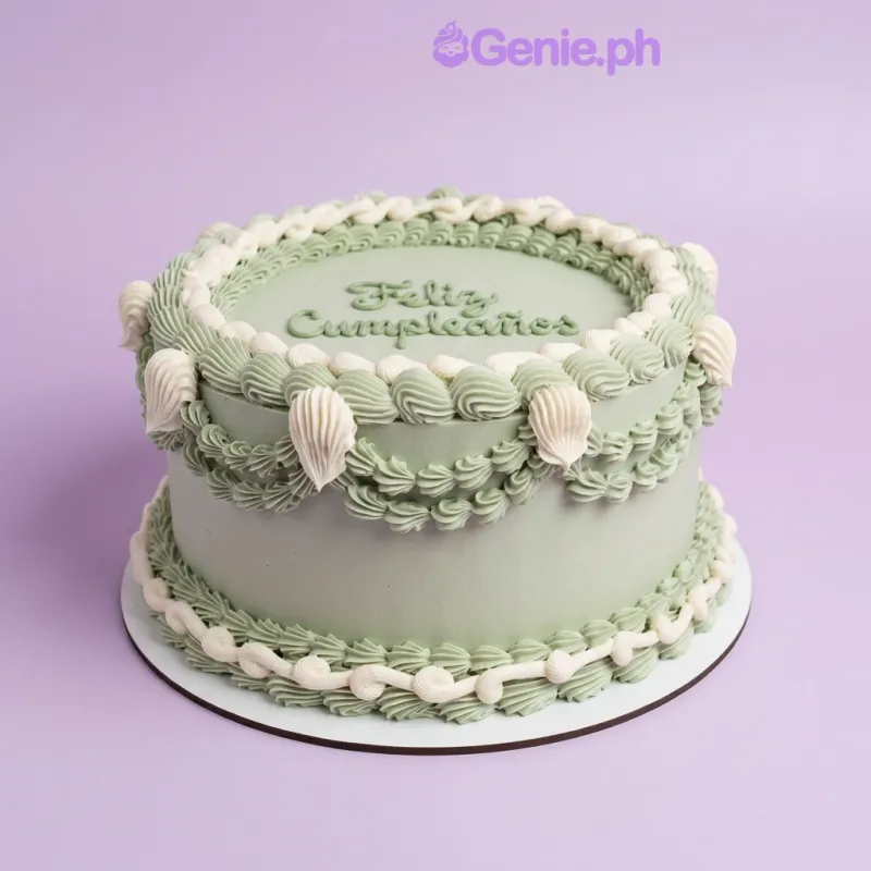 Sage green single-tier cake with white piped shell borders and swags Sage green single-tier cake with white piped shell borders and swags