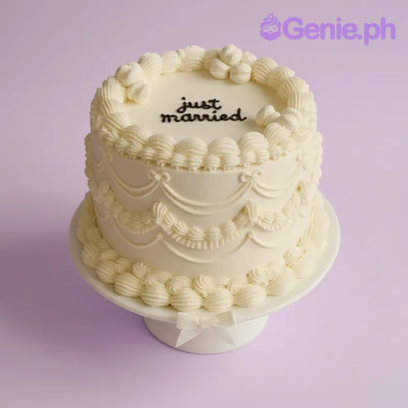 Elegant white vintage-style wedding cake with intricate piped icing swags and 'just married' message in black icing. Elegant white vintage-style wedding cake with intricate piped icing swags and 'just married' message in black icing.