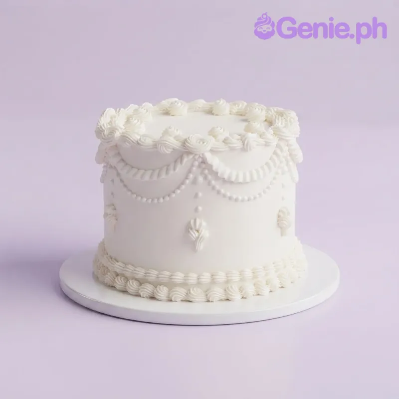 Pure white 1-tier cake with smooth soft icing, piped white icing swags, rosettes, borders, and dots