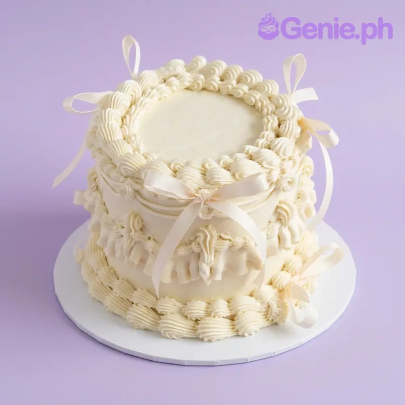 A white 1-Tier cake themed Vintage White Ribbon, featuring white satin ribbon bows and piped buttercream designs.