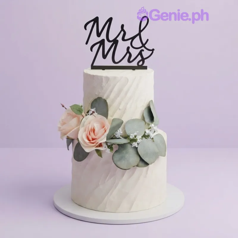 White 2-tier soft icing wedding cake with a black Mr and Mrs cardstock topper and artificial pink roses with eucalyptus leaves White 2-tier soft icing wedding cake with a black Mr and Mrs cardstock topper and artificial pink roses with eucalyptus leaves