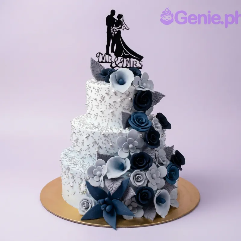 A white 3-tier wedding cake with black silhouette couple topper, blue and gray sugar flowers, and silver dragees. A white 3-tier wedding cake with black silhouette couple topper, blue and gray sugar flowers, and silver dragees.