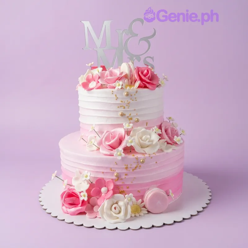 A pink and white ombre two-tier wedding cake, featuring a gold 'Mr & Mrs' topper, gumpaste roses, and horizontal icing ridges. A pink and white ombre two-tier wedding cake, featuring a gold 'Mr & Mrs' topper, gumpaste roses, and horizontal icing ridges.