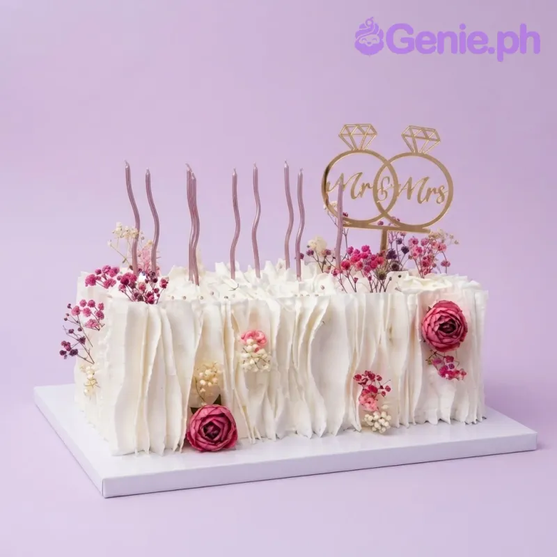Crisp white square cake with smooth icing, gold wedding rings topper, and red roses Crisp white square cake with smooth icing, gold wedding rings topper, and red roses