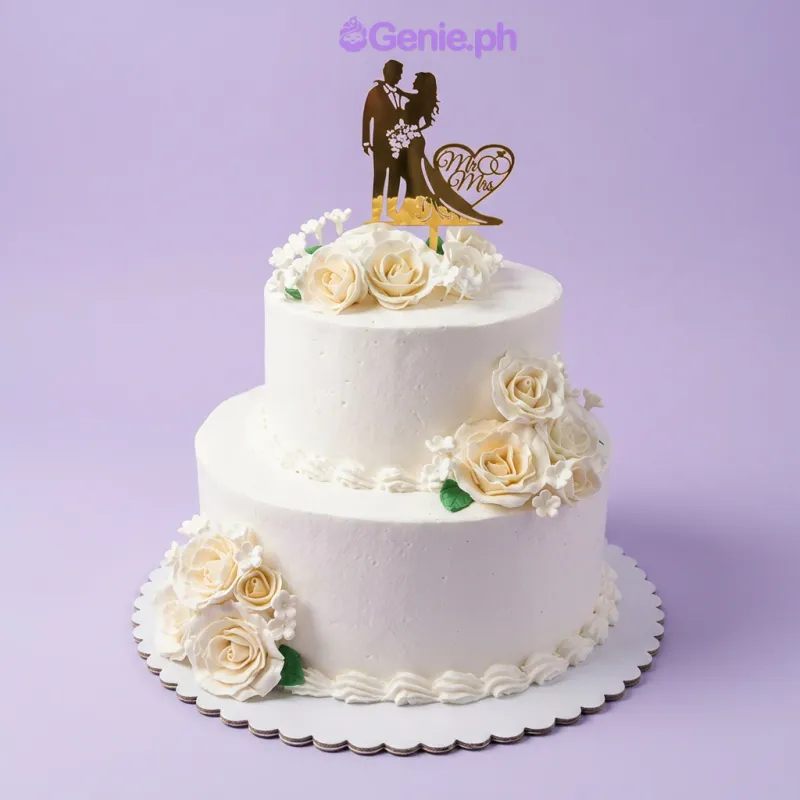 A white and ivory 2-tier wedding cake, featuring a gold silhouette Mr & Mrs topper, ivory gumpaste roses, and green leaves. A white and ivory 2-tier wedding cake, featuring a gold silhouette Mr & Mrs topper, ivory gumpaste roses, and green leaves.