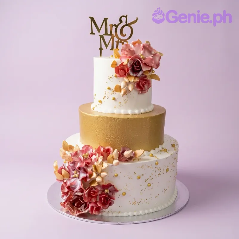 A white, gold, and metallic pink 3-tier cake themed around Wedding, featuring a gold Mr & Mrs topper and gumpaste roses with gold dragees. A white, gold, and metallic pink 3-tier cake themed around Wedding, featuring a gold Mr & Mrs topper and gumpaste roses with gold dragees.