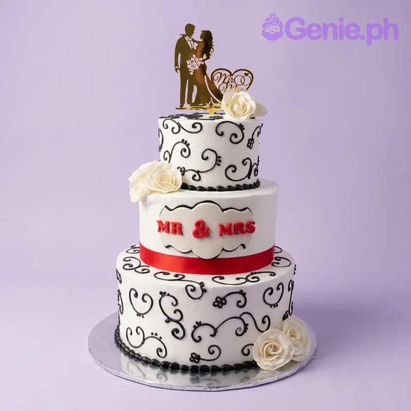 A white, red, and black 3-tier cake themed for a Wedding, featuring a gold Mr & Mrs couple topper, black scrollwork, and red ribbon. A white, red, and black 3-tier cake themed for a Wedding, featuring a gold Mr & Mrs couple topper, black scrollwork, and red ribbon.