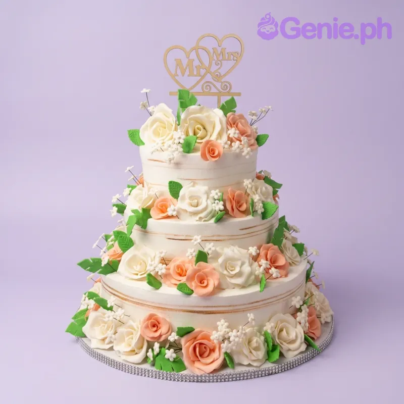 A white three-tier wedding cake, featuring a wooden Mr and Mrs heart topper, peach and white gumpaste roses, and green leaves. A white three-tier wedding cake, featuring a wooden Mr and Mrs heart topper, peach and white gumpaste roses, and green leaves.