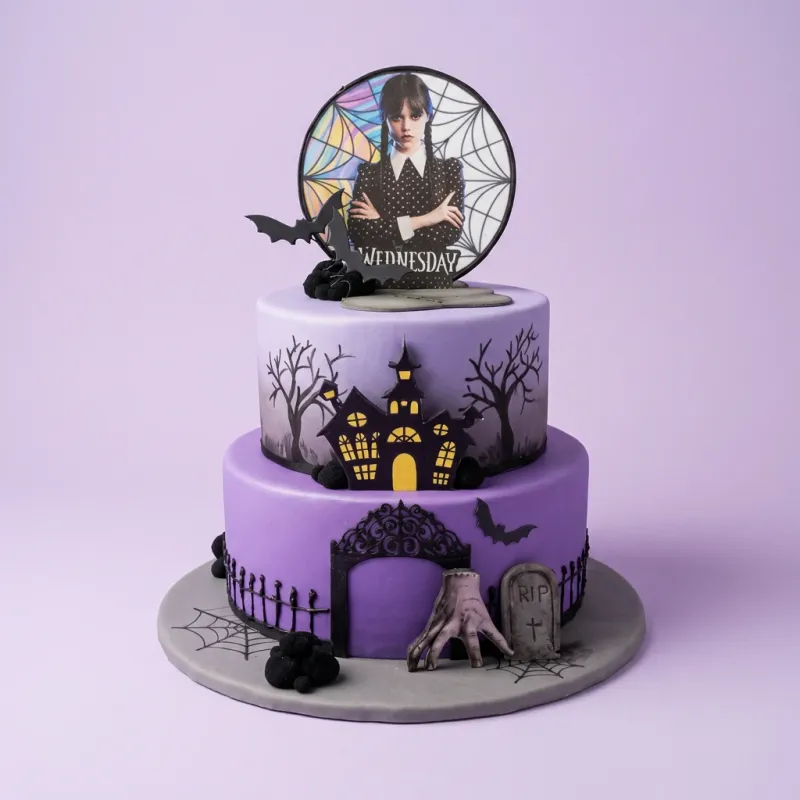 Two-tier purple Wednesday Addams themed cake with haunted house, graveyard, and spiderweb fondant decorations. Two-tier purple Wednesday Addams themed cake with haunted house, graveyard, and spiderweb fondant decorations.