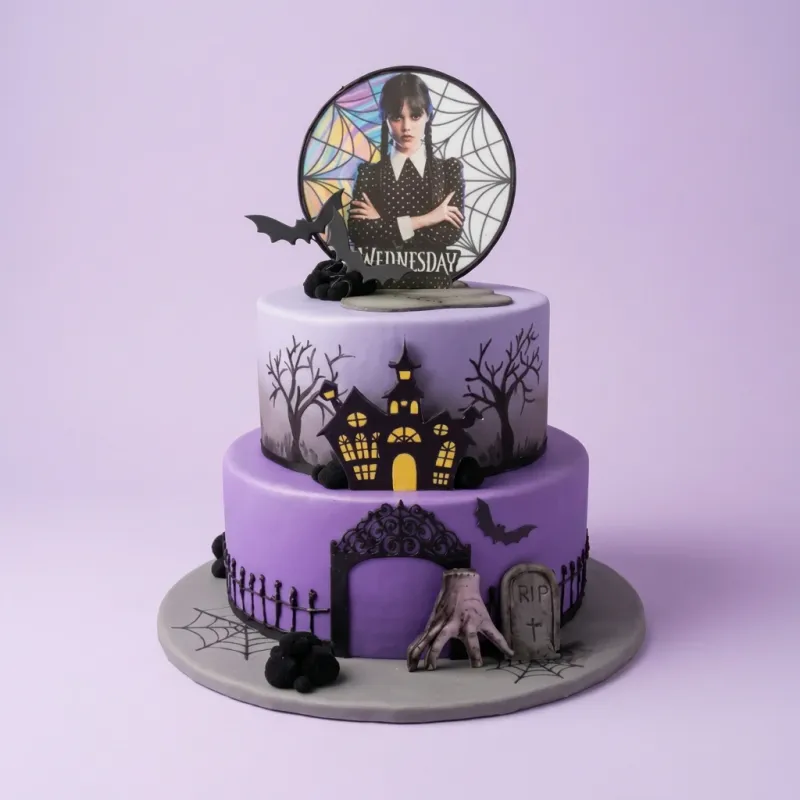 Purple 2-tier Wednesday Addams themed cake with haunted house and graveyard decorations Purple 2-tier Wednesday Addams themed cake with haunted house and graveyard decorations