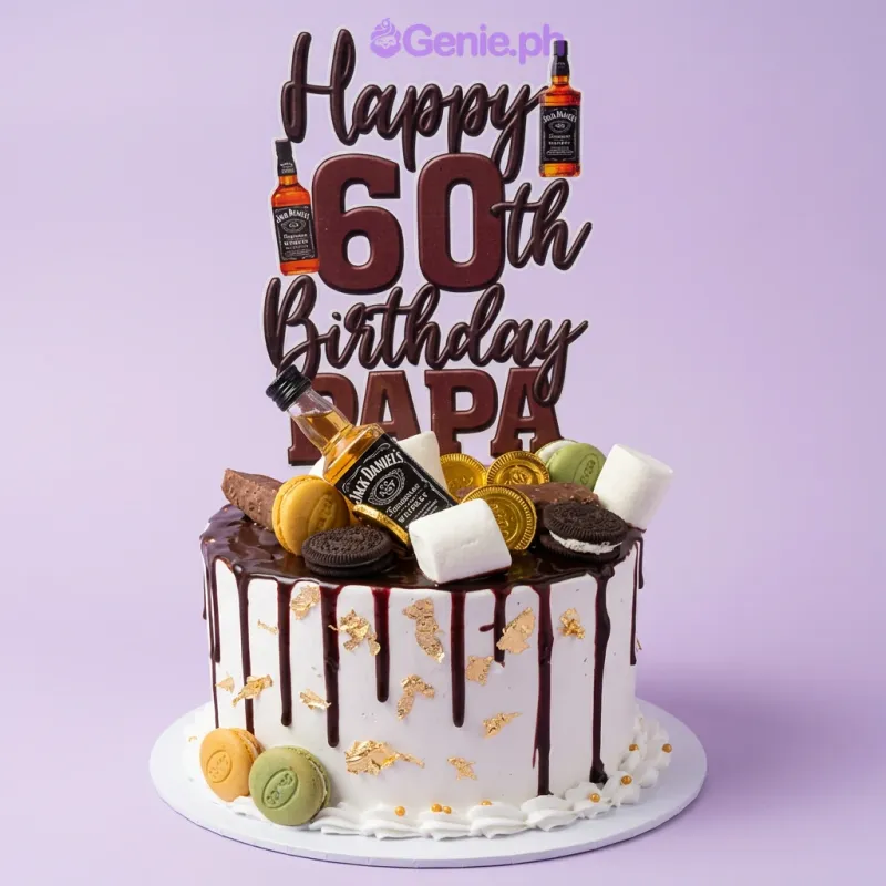 White single-tier cake with dark chocolate drip, gold leaf accents, and whiskey-themed birthday topper White single-tier cake with dark chocolate drip, gold leaf accents, and whiskey-themed birthday topper