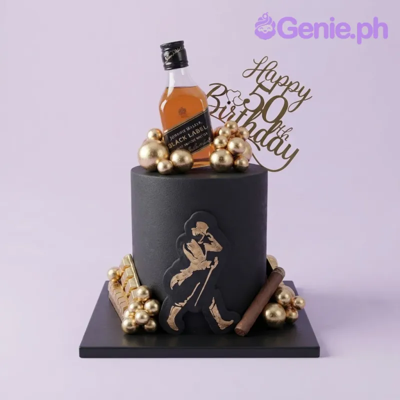 Black 1-tier fondant cake with smooth icing, whisky birthday theme, a miniature whisky bottle, and gold glitter age topper Black 1-tier fondant cake with smooth icing, whisky birthday theme, a miniature whisky bottle, and gold glitter age topper