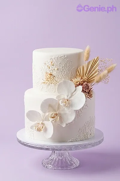White Floral 2 Tier - white, red, pink theme with white orchids and dried botanicals and pampas grass White Floral 2 Tier - white, red, pink theme with white orchids and dried botanicals and pampas grass