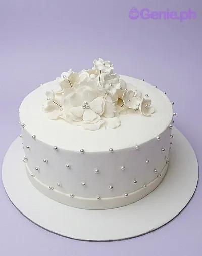 white floral 1 Tier - white, red, silver theme with cluster of white gumpaste flowers and scattered silver dragees white floral 1 Tier - white, red, silver theme with cluster of white gumpaste flowers and scattered silver dragees