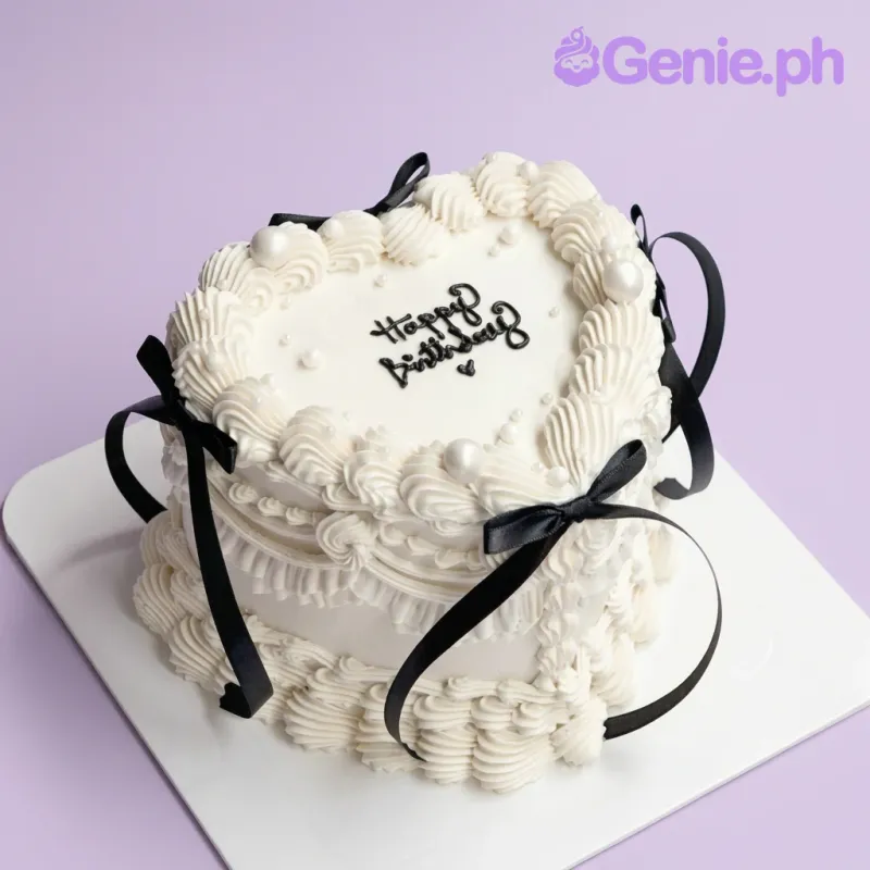A white 1-Tier White Heart Vintage cake featuring black bows, 'Happy Birthday' text, white ruffles, and pearls.