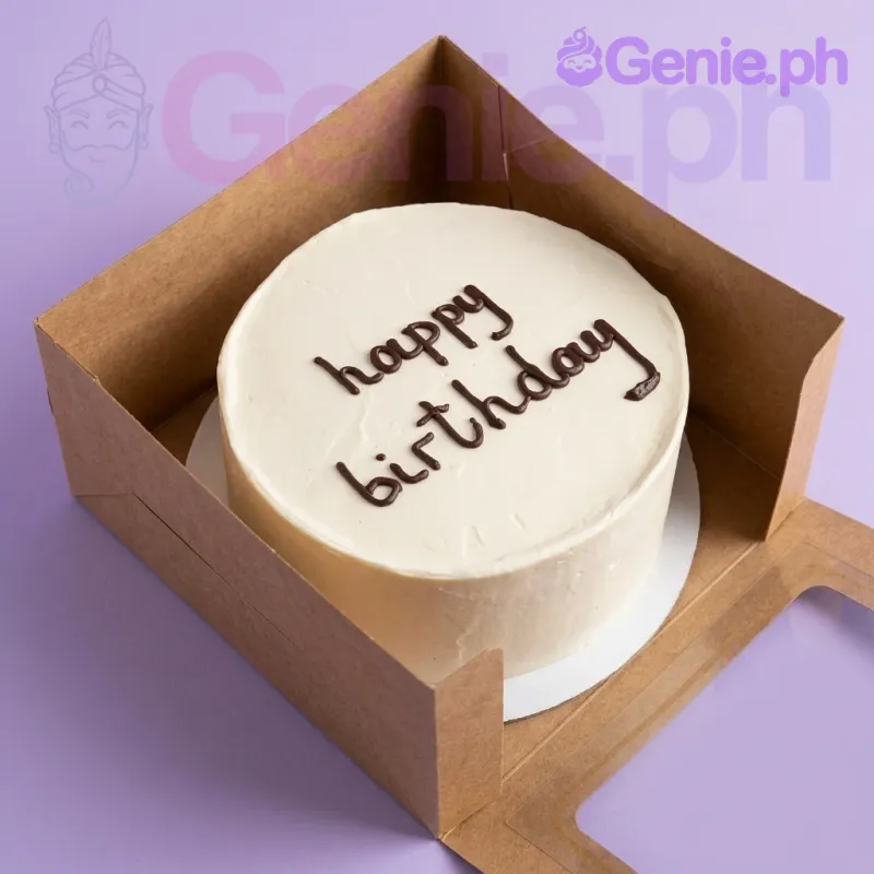 A white 1 Tier cake themed around White Minimalist, featuring black piped "Happy Birthday" text. A white 1 Tier cake themed around White Minimalist, featuring black piped "Happy Birthday" text.