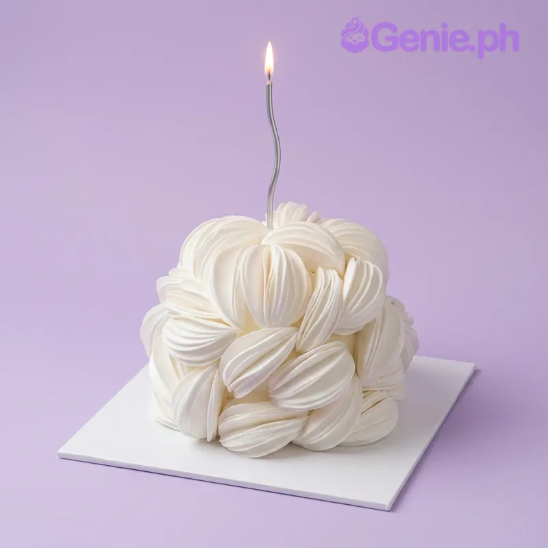 White spherical cake with piped petal texture and a single silver candle on top White spherical cake with piped petal texture and a single silver candle on top
