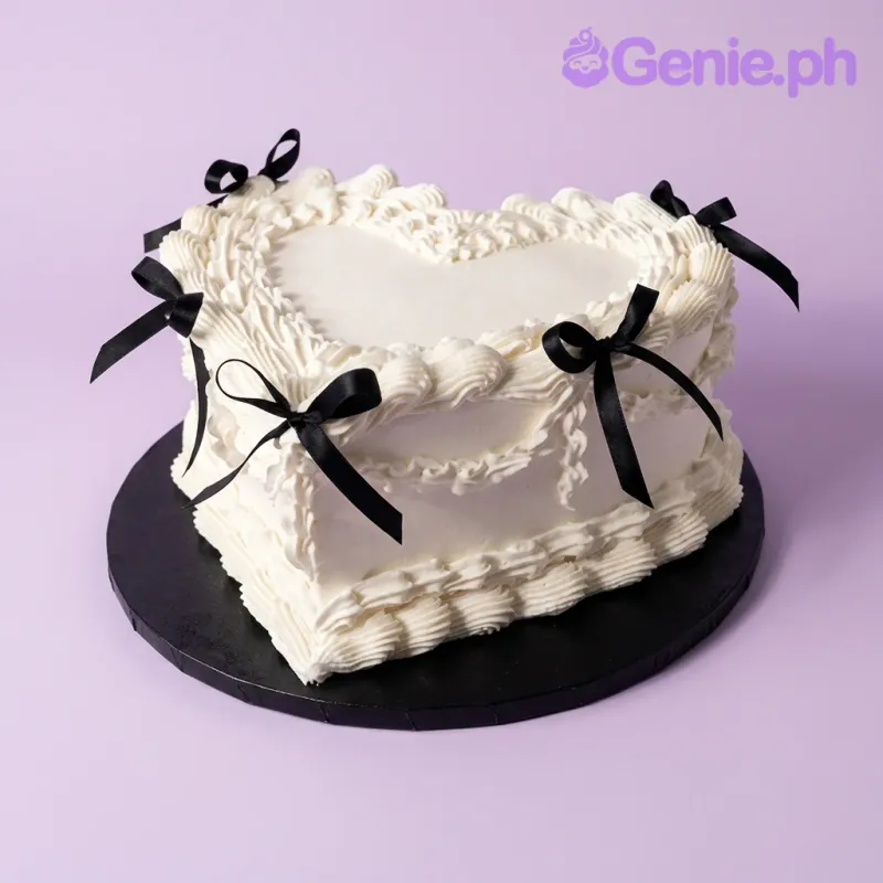 A white and black 1-tier heart-shaped cake themed around Vintage Heart, featuring black satin bows and piped ruffles.