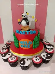 Wild One panda 1 Tier Fondant - red, yellow, green theme with panda figurine and green bamboo stalks Wild One panda 1 Tier Fondant - red, yellow, green theme with panda figurine and green bamboo stalks