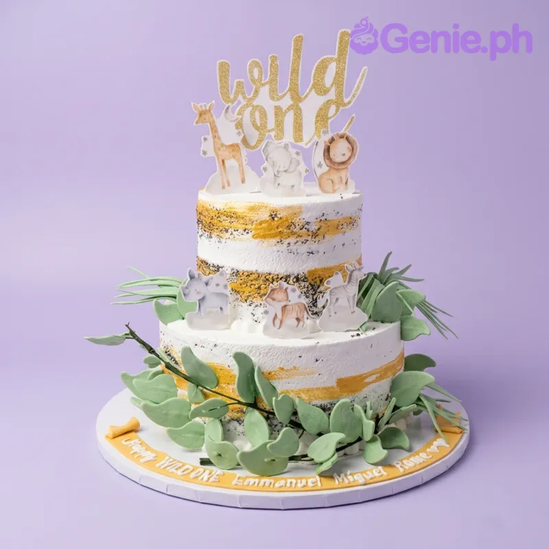 A white semi-naked two-tier cake themed around Wild One Safari, featuring gold 'Wild One' text, safari animal printouts, and green gumpaste leaves. A white semi-naked two-tier cake themed around Wild One Safari, featuring gold 'Wild One' text, safari animal printouts, and green gumpaste leaves.