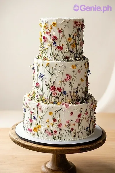 A white three-tier cake themed around a Wildflower Wedding, featuring colorful pressed-style edible flowers and green stems. A white three-tier cake themed around a Wildflower Wedding, featuring colorful pressed-style edible flowers and green stems.