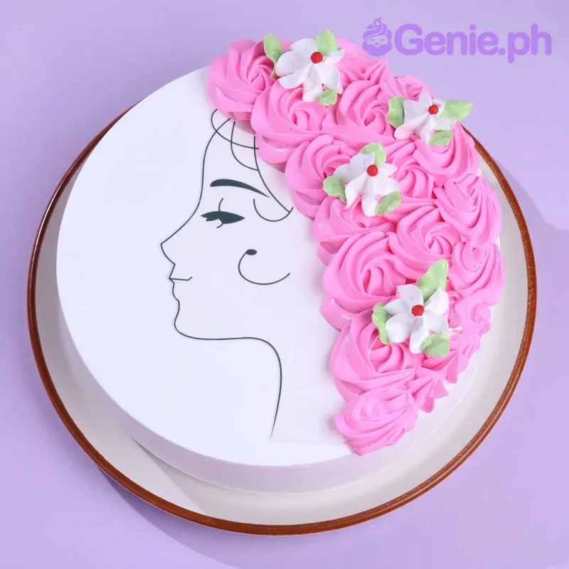 A white 1-tier cake themed Woman Profile, featuring a black line art of a woman, pink rosette hair, and small white flowers. A white 1-tier cake themed Woman Profile, featuring a black line art of a woman, pink rosette hair, and small white flowers.
