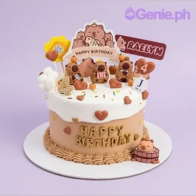 Brown wombat themed birthday cake with fondant figures and Happy Birthday sign Brown wombat themed birthday cake with fondant figures and Happy Birthday sign